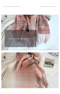 Close-up of pink plaid scarf with houndstooth pattern and thick tassel edge details