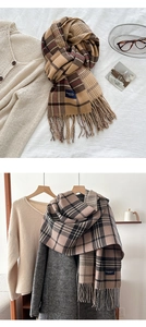 Detail of plaid thick scarf with long tassels, showing knit texture and color-block pattern