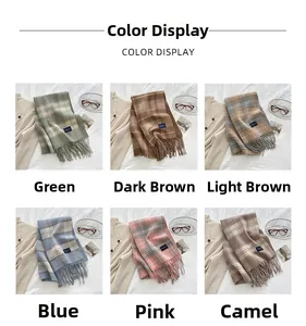 Collage of thick checkered tassel scarves in green, brown, blue, and pink colors