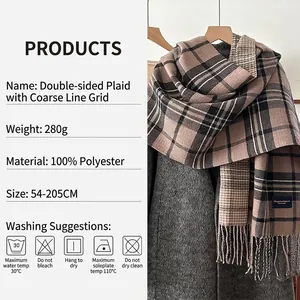 Thick oversized plaid scarf with fringes in brown and beige colors for winter warmth