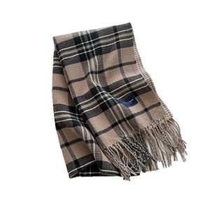 Classic thick plaid scarf in grey and camel with long tassels for winter warmth