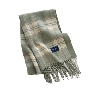 Plaid long scarf in Morandi green and beige with fringe trim and elegant classic woven label