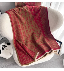 Detail eines roten Paisley-Schals mit Jacquardmuster und Fransen auf weißem Sessel
