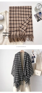 Close-up of thick imitation cashmere plaid scarf featuring fringe edges and warm texture