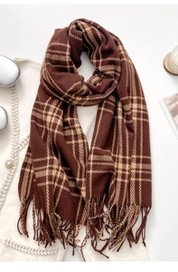 Detail of warm brown and beige plaid scarf with tassels on knit background