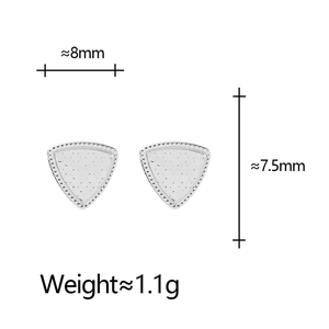 Detailed view of geometric triangle stud earrings with 8mm width and 7.5mm height specs