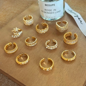 Gold Plated Copper Open Adjustable Rings Micro Pave Cubic Zirconia Faux Artificial Pearl Star Weaving Geometric Jewelry Women