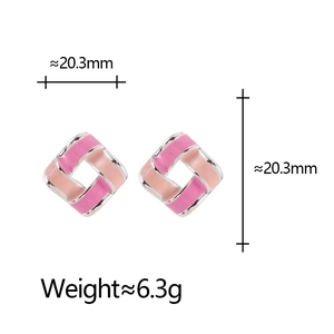 Pink enamel geometric square stud earrings in silver frame measuring 20.3mm for women