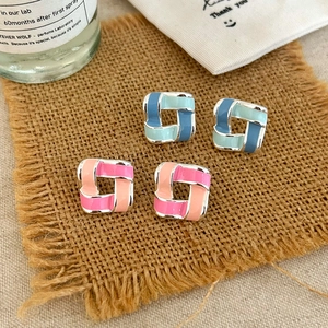 Geometric Interlocking Square Stud Earrings For Women Chic Enamel Copper With 925 Sterling Silver Earring Post
