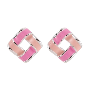 Minimalist square geometric enamel stud earrings in light pink and metal finish