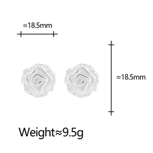 Silver spiral rose earrings with matte finish flower petals and size dimensions