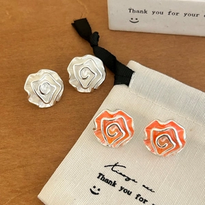Rose Flower Stud Earrings Copper Enamel Floral Elegant Vintage Chic Fashion Jewelry For Women