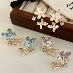 French Romantic Flower Stud Earrings Enamel Zircon Copper 14K Gold Plated Elegant Floral Jewelry For Women