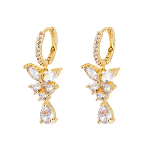Elegant gold butterfly earrings with teardrop zircon pendants and pavé-set crystals