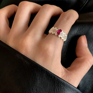 Exquisite hollow lace silver ring with oval red gemstone inlay for women