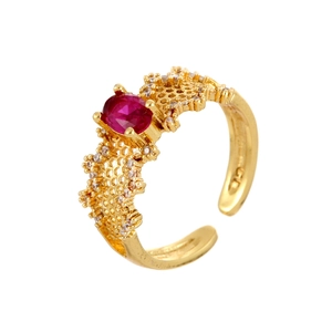 Elegant gold open ring with red oval gemstone and honeycomb hollow design for women