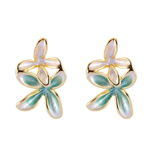 Elegant gold flower stud earrings with white and teal enamel petals on white background