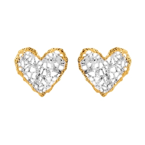 Elegant two-tone heart stud earrings with hammered gold edge and silver filigree center