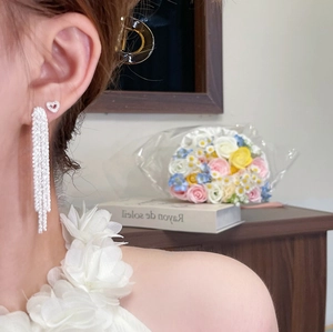 Primo piano di eleganti orecchini a nappa e borchie a cuore indossati per uno stile chic