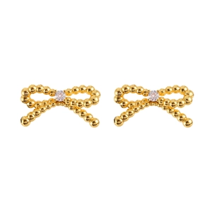 Elegant gold bow earrings with beaded texture and central clear zircon on white background
