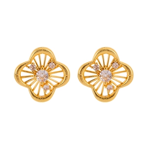 French vintage gold flower stud earrings with zircon inlay and sunburst texture
