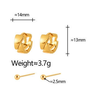 Golden geometric hoop earrings and ball stud set with detailed size measurements