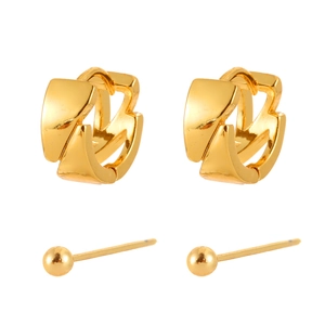 Minimalist gold earring set featuring geometric twisted hoops and polished stud earrings