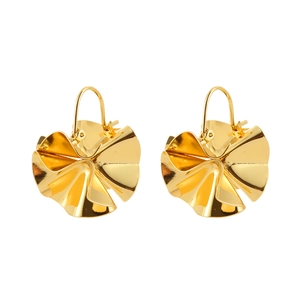 Elegant gold fan-shaped pleated wave earrings with polished finish on white background