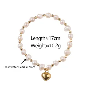 Elegantes 17cm Barock Süßwasserperlen Armband mit goldenem Herzanhänger und 7mm Perlen