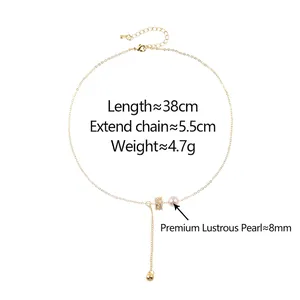 Collier en Y doré minimaliste avec perle premium de 8mm et pendentif cercle étincelant