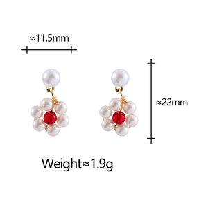 French style pearl flower earrings with gold hooks and red bead centers, 22mm height