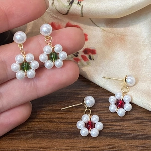 Elegant French Sweet Flower Artificial Pearl Drop Stud Earrings Faux Artificial Pearl And Crystal Alloy Jewelry For Women