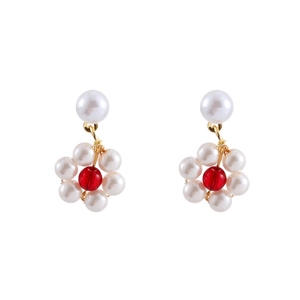 French style pearl flower drop earrings with red bead center and gold plated wire