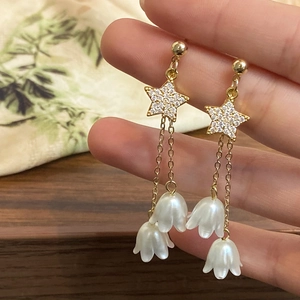Boucles D'oreilles Pendantes Pampille Étoile Zircon Muguet Plaquées Or Fleur Pour Femmes Élégant