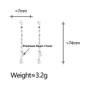 Detail of long fringe pearl earrings showing 74mm length and 7mm pearl diameter size