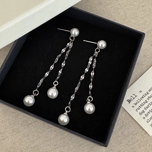 Long Tassel Faux Artificial Pearl Drop Earrings For Women Elegant Geometric Copper Jewelry With Silver Earring Post Minimalist