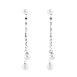 Elegant silver long tassel pearl drop earrings for women on a white background