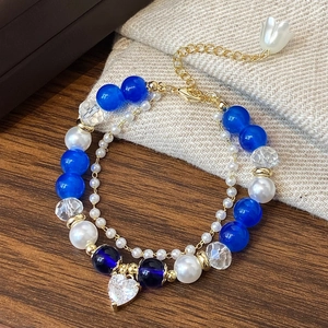Double Layer Beaded Bracelet Heart Zircon Pendant Copper Jewelry With Imitation Artificial Pearls And Glass Beads Flower Charm For Women