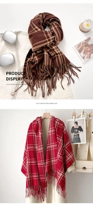 Detailed close-up of brown and red plaid scarves with fringes on a textured background