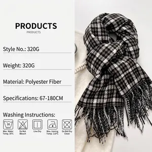 Classic checkered plaid scarf with long tassels made of soft 320g polyester fiber