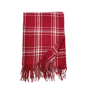 Thick red and white checkered knit scarf featuring elegant long tassel trim details