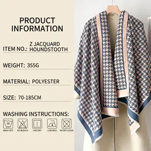 Sciarpa pied de poule blu e rosa con nappe, scialle caldo in poliestere, misura 70x185cm