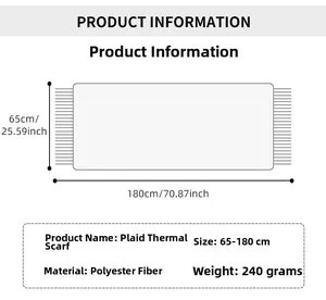 Size guide for plaid scarf showing 65x180cm dimensions and polyester material info