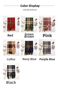 Detailed grid showing seven color options for thick plaid scarves with elegant tassels