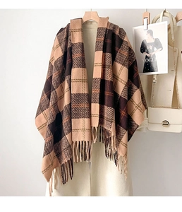 Close-up detail of soft plaid scarf featuring vintage brown check pattern and fringed edges