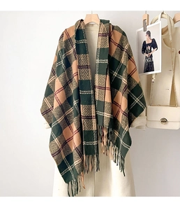 Close-up of thick plaid tassel scarf in green and mustard yellow on white coat