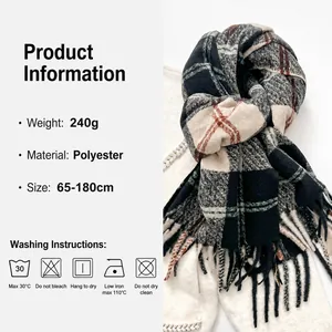 Dicker karierter Schal mit Fransen in Schwarz, Weiß und Orange, 65x180cm warmer Schal