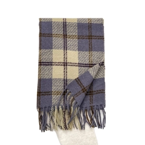 Thick checkered scarf in blue and beige with elegant fringe tassels for winter warmth