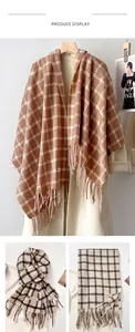 Detailed view of thick plaid scarf with long tassels and soft cashmere-like texture