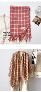 Macro detail of plaid cashmere scarf with fringes in pink and khaki color options